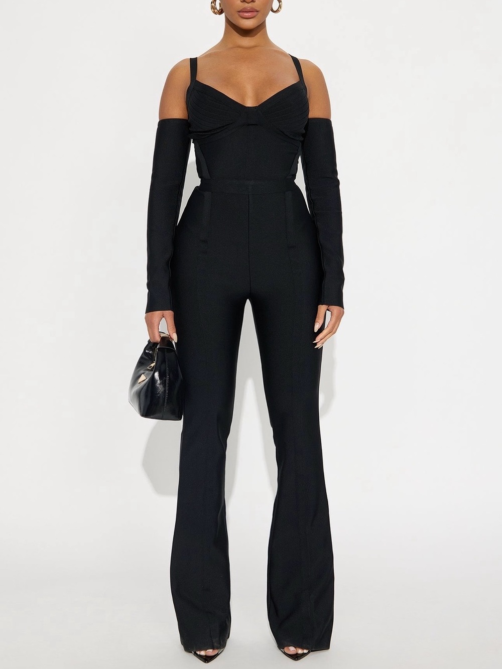 Fashion Nova Black Off-Shoulder Flare Jumpsuit with Straps